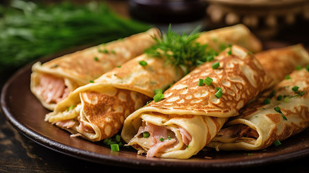 Pancakes. Yellow stuffed pancakes with mushrooms and sour cream. light background. Beautiful and delicious breakfast at home or in a cafe. Concept: Maslenitsa menu. Slavic carnivalの素材