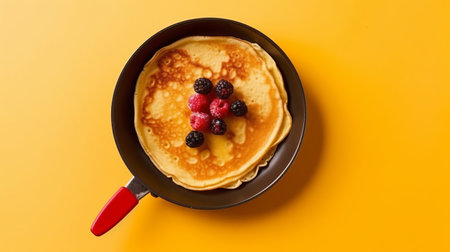 Pancakes are fried in a pan. Beautiful and delicious breakfast at home or in a cafe. Concept: Maslenitsa menu. Slavic carnival. Generative AIの素材