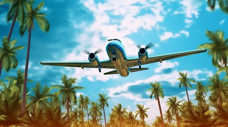 Passenger plane flies in the sky among palm trees. Generative AIの素材