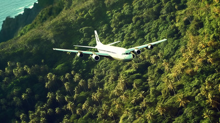 Passenger plane flies in the sky among palm trees. Generative AIの素材