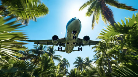 Passenger plane flies in the sky among palm trees. Generative AIの素材