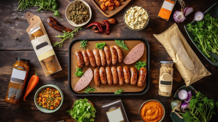 assorted meat sausages and grilled sausages. Assortment on a wooden board. hearty calorie food. Generative AIの素材