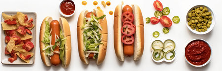 Hot dogs of different flavors. street fast food. Bun with sausage and vegetables. Minimal background. hearty calorie food. Generative AIの素材