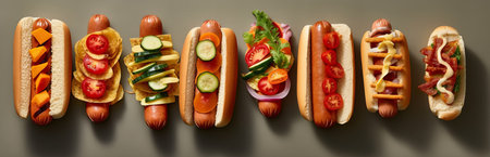 Hot dogs of different flavors. street fast food. Bun with sausage and vegetables. Minimal background. hearty calorie food. Generative AIの素材