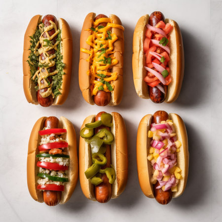 Hot dogs of different flavors. street fast food. Bun with sausage and vegetables. Minimal background. hearty calorie food. Generative AIの素材