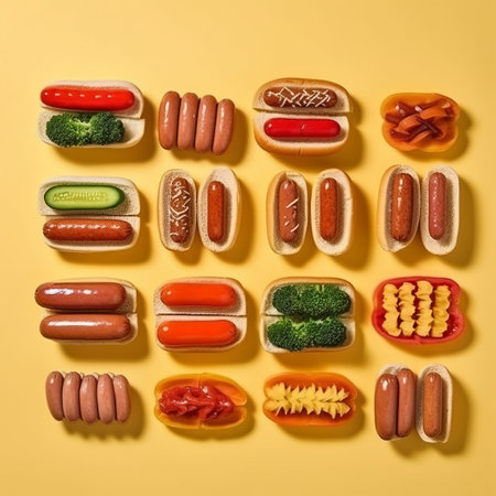 Hot dogs of different flavors. street fast food. Bun with sausage and vegetables. Minimal background. hearty calorie food. Generative AIの素材