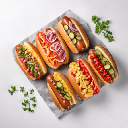 Hot dogs of different flavors. street fast food. Bun with sausage and vegetables. Minimal background. hearty calorie food. Generative AIの素材