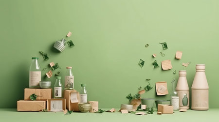 ecological illustration with leaves and plastic, waste recycling, concept: conservation of nature, reduction of environmental impact of cosmetics. Copy space Generative AIの素材