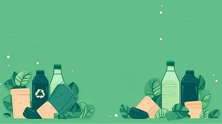 ecological illustration with leaves and plastic, waste recycling, concept: conservation of nature, reduction of environmental impact of cosmetics. Copy space Generative AIの素材