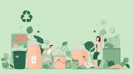 ecological illustration with leaves and plastic, waste recycling, concept: conservation of nature, reduction of environmental impact of cosmetics. Copy space Generative AIの素材