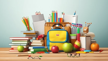 a school backpack with various stationery, a schoolboy at his desk. Illustration with cartoon child at school. Generative AIの素材
