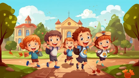 a school backpack with various stationery, a schoolboy at his desk. Illustration with cartoon child at school. Generative AIの素材