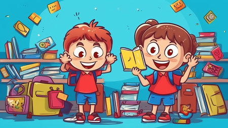 a school backpack with various stationery, a schoolboy at his desk. Illustration with cartoon child at school. Generative AIの素材