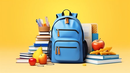 a school backpack with various stationery, a schoolboy at his desk. Illustration with cartoon child at school. Generative AIの素材