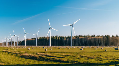 Wind generator in the field, electrical installation or windmill for short, windmill, ecological energy with care for the planet. Generative AIの素材