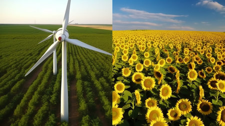 Wind generator in the field, electrical installation or windmill for short, windmill, ecological energy with care for the planet. Generative AIの素材