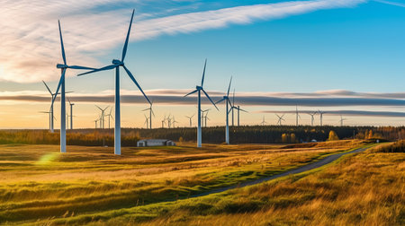 Wind generator in the field, electrical installation or windmill for short, windmill, ecological energy with care for the planet. Generative AIの素材