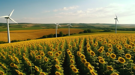 Wind generator in the field, electrical installation or windmill for short, windmill, ecological energy with care for the planet. Generative AIの素材