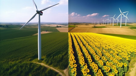 Wind generator in the field, electrical installation or windmill for short, windmill, ecological energy with care for the planet. Generative AIの素材