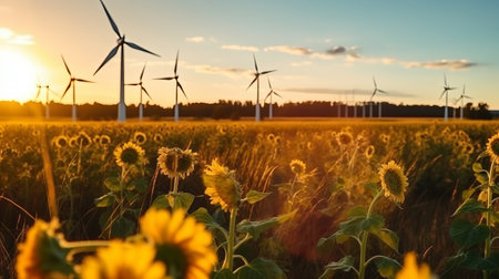 Wind generator in the field, electrical installation or windmill for short, windmill, ecological energy with care for the planet. Generative AIの素材