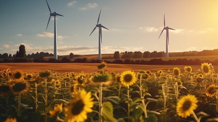 Wind generator in the field, electrical installation or windmill for short, windmill, ecological energy with care for the planet. Generative AIの素材