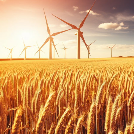 Wind generator in the field, electrical installation or windmill for short, windmill, ecological energy with care for the planet. Generative AIの素材