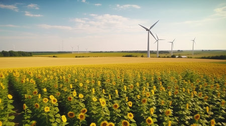 Wind generator in the field, electrical installation or windmill for short, windmill, ecological energy with care for the planet. Generative AIの素材