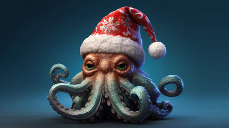 Octopus in a Christmas hat on a minimalistic background, festive mood, clam with tentacles and suckers, Generative AIの素材