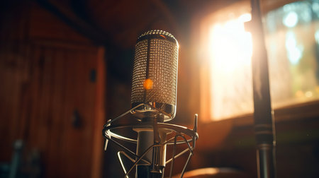 Professional studio microphone for podcasts and audio recording. Stands on a bright plain background. Condenser microphone for performances and podcasts, sound recording.の素材