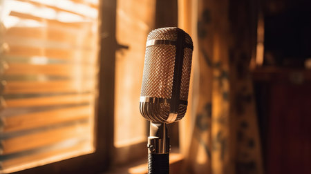 Professional studio microphone for podcasts and audio recording. Stands on a bright plain background. Condenser microphone for performances and podcasts, sound recording.の素材