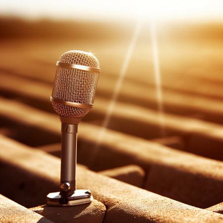 Professional studio microphone for podcasts and audio recording. Stands on a bright plain background. Condenser microphone for performances and podcasts, sound recording.の素材