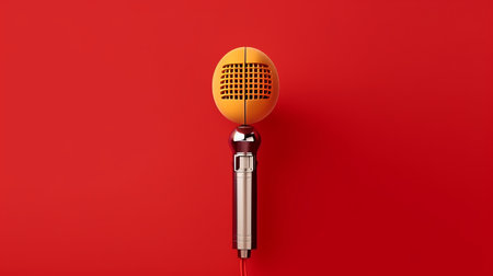 Professional studio microphone for podcasts and audio recording. Stands on a bright plain background. Condenser microphone for performances and podcasts, sound recording.の素材