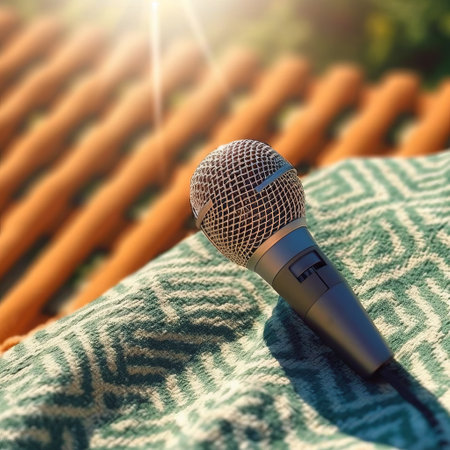 Professional studio microphone for podcasts and audio recording. Stands on a bright plain background. Condenser microphone for performances and podcasts, sound recording.の素材
