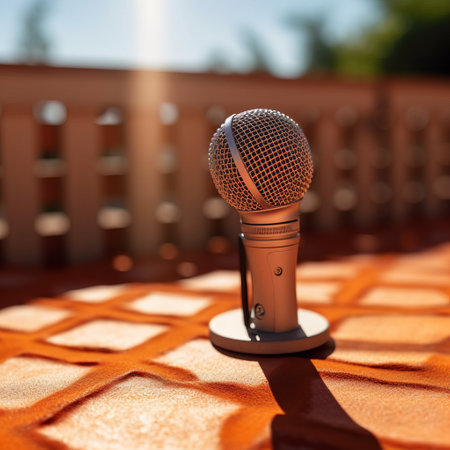 Professional studio microphone for podcasts and audio recording. Stands on a bright plain background. Condenser microphone for performances and podcasts, sound recording.の素材