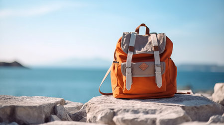 Travel backpack on a minimalistic background. Travel light, hiking Generative AIの素材