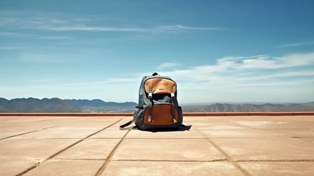 Travel backpack on a minimalistic background. Travel light, hiking Generative AIの素材