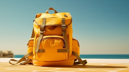Travel backpack on a minimalistic background. Travel light, hiking Generative AIの素材