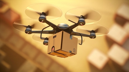 Drone delivery service. Parcel with flowers and pizza. Box with online order. air transport. An illustration of the work of a delivery robot. Generative AIの素材