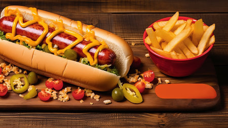 Hot dog, bun with sausage in craft paper packaging. street fast food takeaway, cafe banner with copy space place. illustration poster. Generative AIの素材