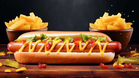Hot dog, bun with sausage in craft paper packaging. street fast food takeaway, cafe banner with copy space place. illustration poster. Generative AIの素材