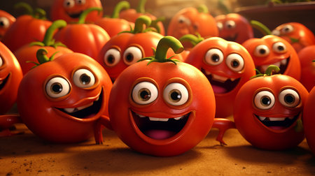 cheerful red tomato with eyes, cartoon vegetable, illustration for advertising. Minimalistic background with place for text. Generative AIの素材