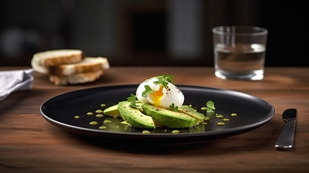poached egg with leaking yolk, protein healthy food, egg benedict keto diet recipe, low calorie breakfast toast, Generative AIの素材