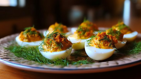 Boiled eggs stuffed with yolk and fish, low-calorie cold appetizer stuffed with protein food, serving for the festive table. Generative AIの素材