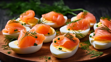 Boiled eggs stuffed with yolk and fish, low-calorie cold appetizer stuffed with protein food, serving for the festive table. Generative AIの素材