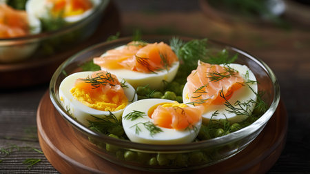 Boiled eggs stuffed with yolk and fish, low-calorie cold appetizer stuffed with protein food, serving for the festive table. Generative AIの素材