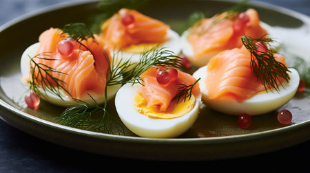 Boiled eggs stuffed with yolk and fish, low-calorie cold appetizer stuffed with protein food, serving for the festive table. Generative AIの素材