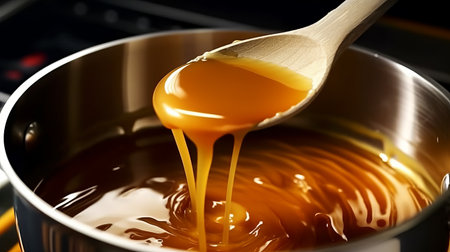 Melted caramel for sweets and cake, the liquid flows into the pan over a spoon. Sweets for a pastry shop on a minimalistic background. Generative AIの素材