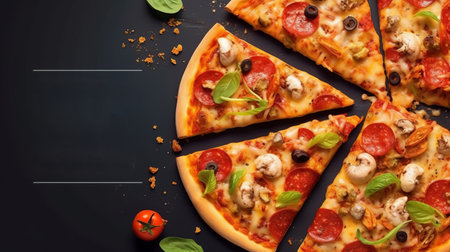 pizza with sausage and vegetables. street fast food, takeaway food banner with copy space. illustration poster with a place for signatures. Caloric nutrition Generative AIの素材