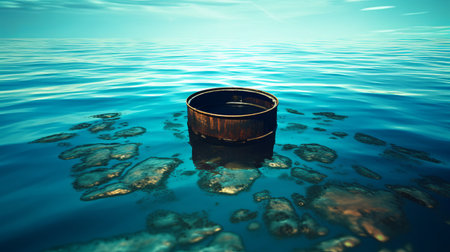 Oil spill and hazardous waste in the ocean. a film of oil pollutes water and nature, A barrel of oil floats in the sea. Danger to the planet. Generative AIの素材