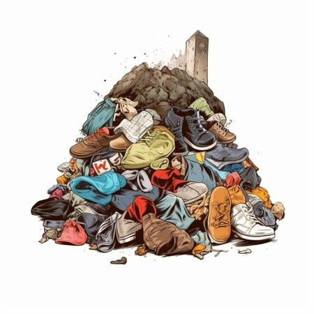 mountain of discarded clothes, textile waste, consumption problems and "fast fashion", Discarded things, pollution of the planet with synthetic products. Generative AIの素材